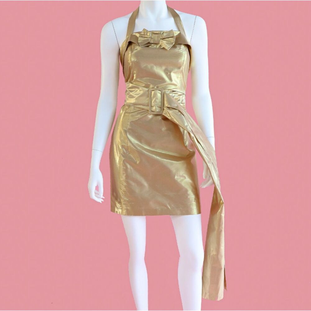 Gold Metallic Silk Halter Mini Dress Bow Belt 50s Pinup Cocktail Formal Small